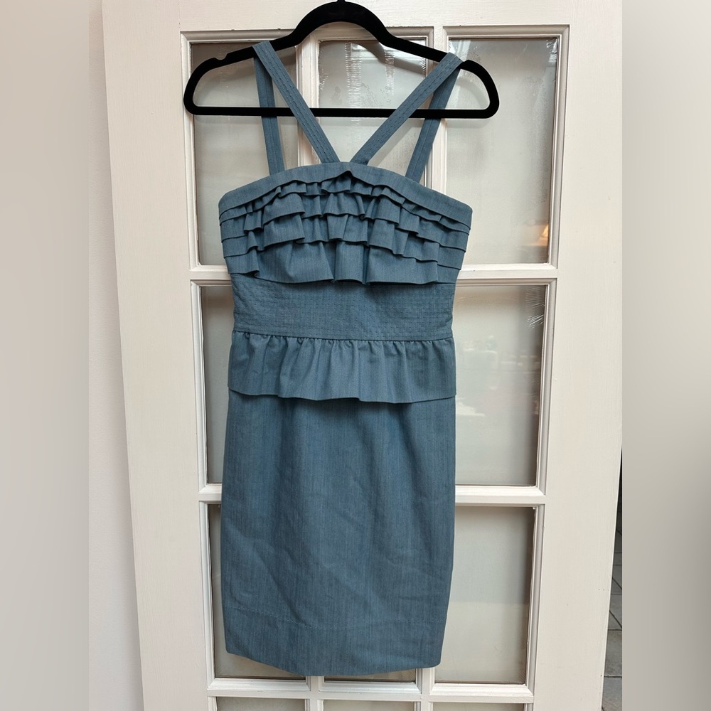 Phoebe Couture Romantic Retro Feminine Ruffle Chambray Dress Blue Denim Size 0